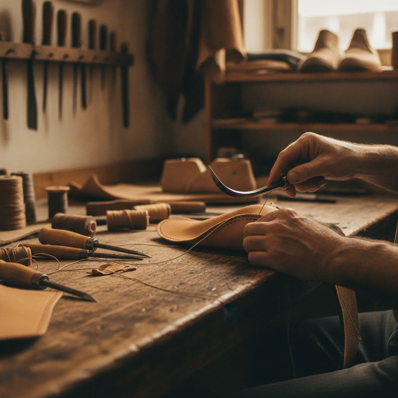 Craftsman hand-stitching a tan leather boot upper at a workbench