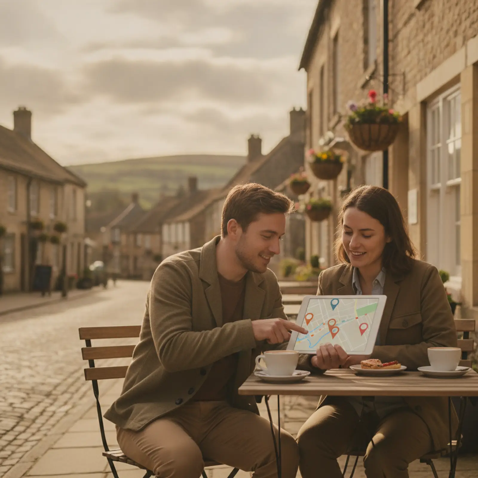 Two people at a cafe table looking at a map with location pins on a tablet