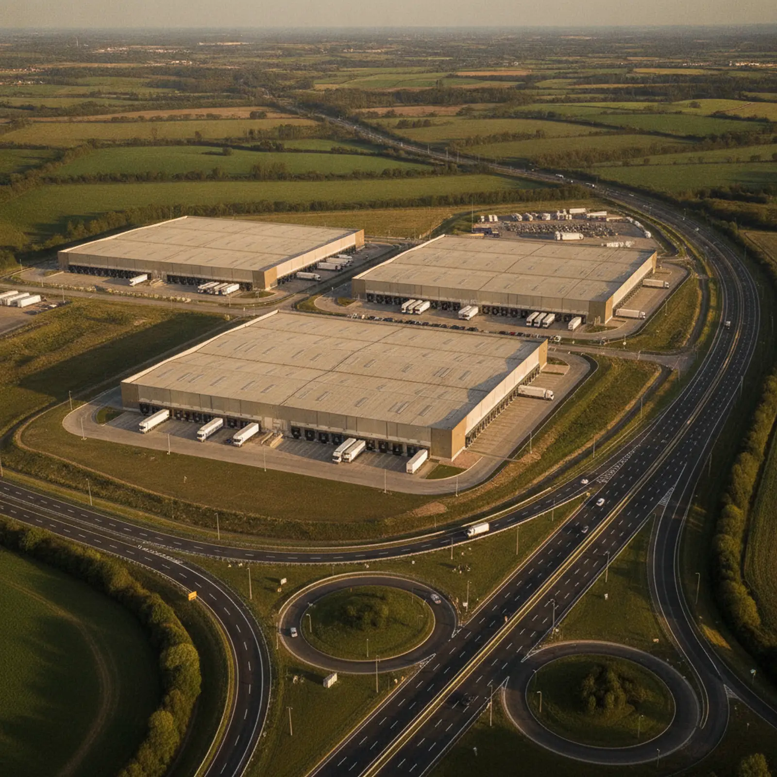 Aerial view of distribution warehouses beside a Midlands motorway junction